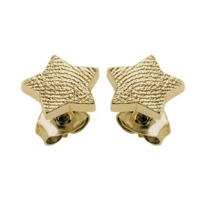 Gouden oorbellen in de vorm van sterretjes, gepersonaliseerd met een vingerafdruk.
