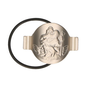 Zilverkleurige metalen plaquette van een Heilige Christoffel, speciaal gevormd om aan de fiets te bevestigen. Reisbeschermer voor onderweg.
